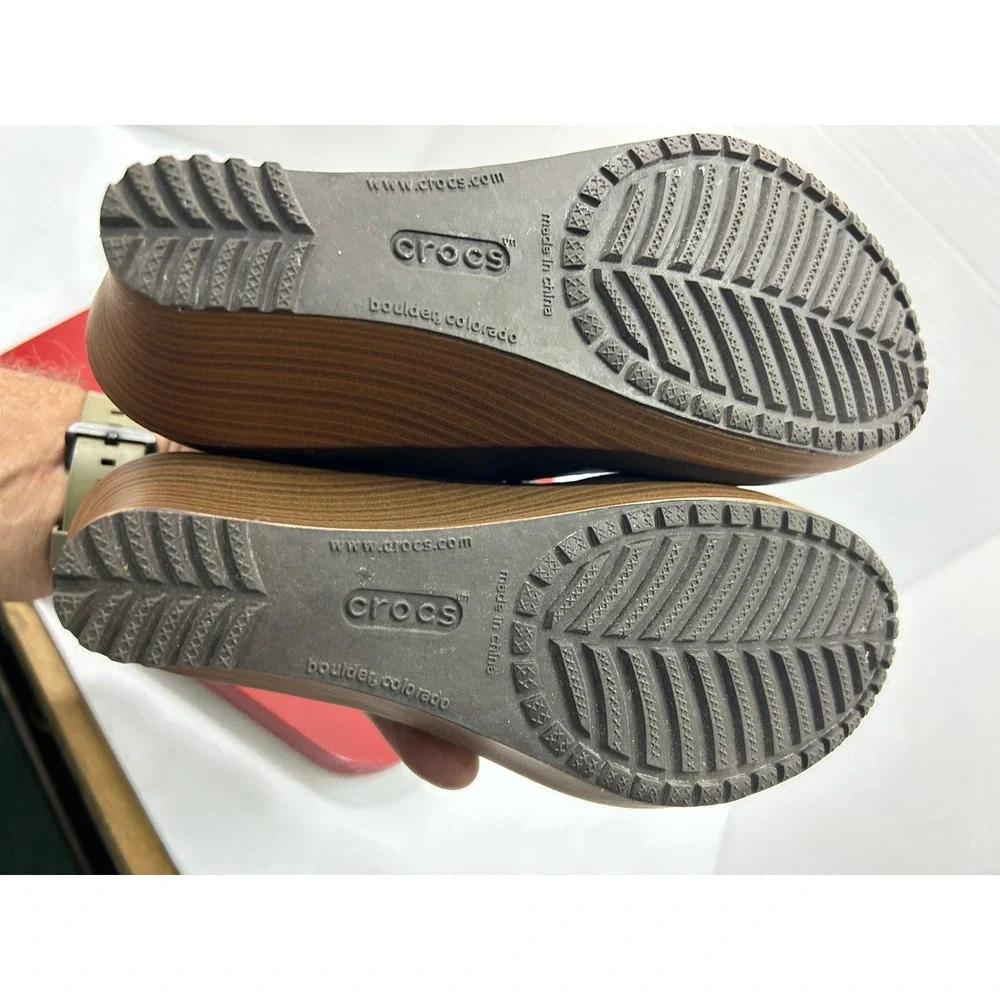 Crocs Leather Wedge Pumps W6 Brown Leigh Wood Grain Heel Comfort Office Classic